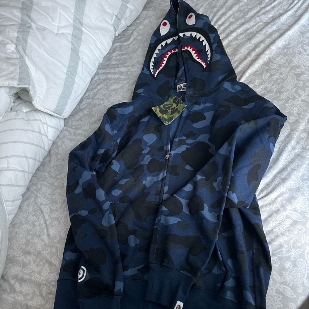 Bape Blue Camo Shark Zip Up Sweater